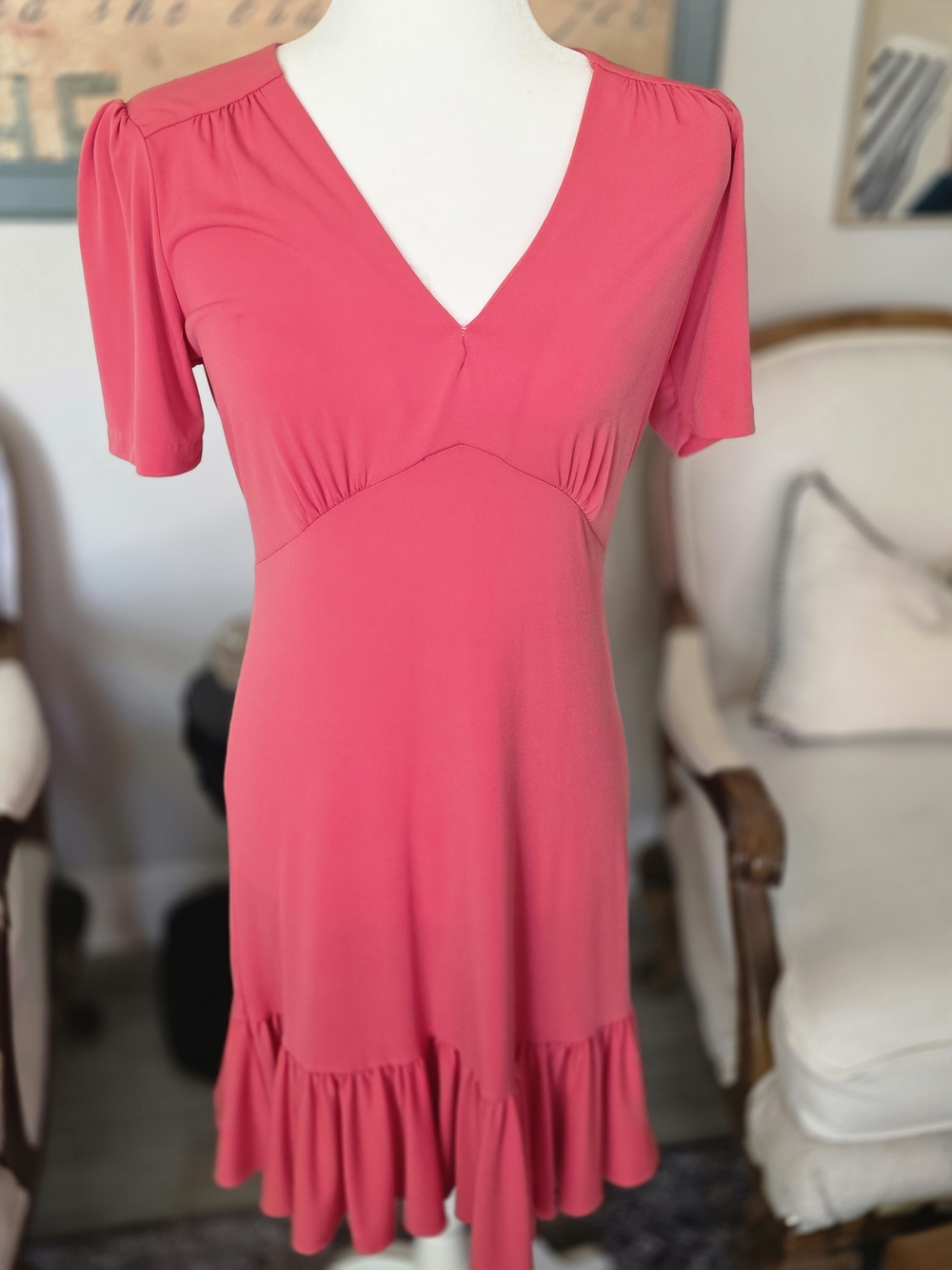 Michael Kors Coral V-Neck Ruffle Midi Dress